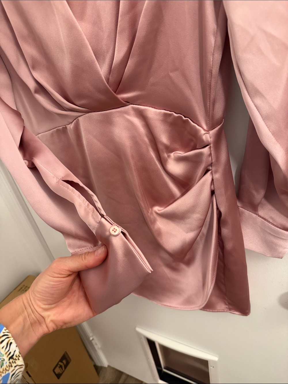 Zara Blush Pink Satin Wrap-Style Long Sleeve Dress - Picture 4 of 6